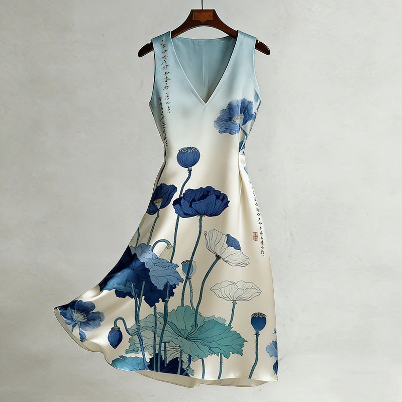 Cardydony Women's Japanese Flower Pattern V-neck Sleeveless Midi Dress