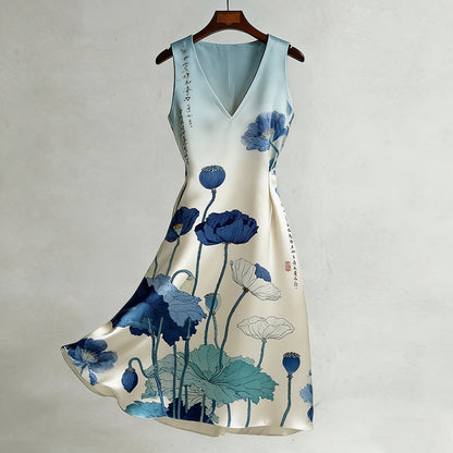 Cardydony Women's Japanese Flower Pattern V-neck Sleeveless Midi Dress