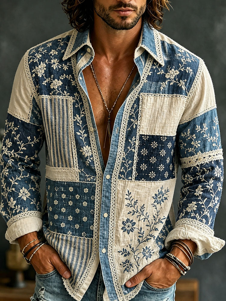Cardydony Men's Vintage Floral Japanese Patchwork Art Print Flowy Linen Blend Casual Shirt
