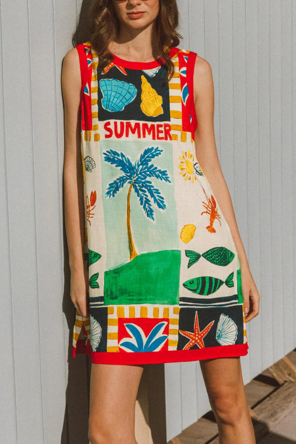 Cardydony Women's Summer-themed Printed Round Neck Sleeveless Pocket Loose Mini Dress