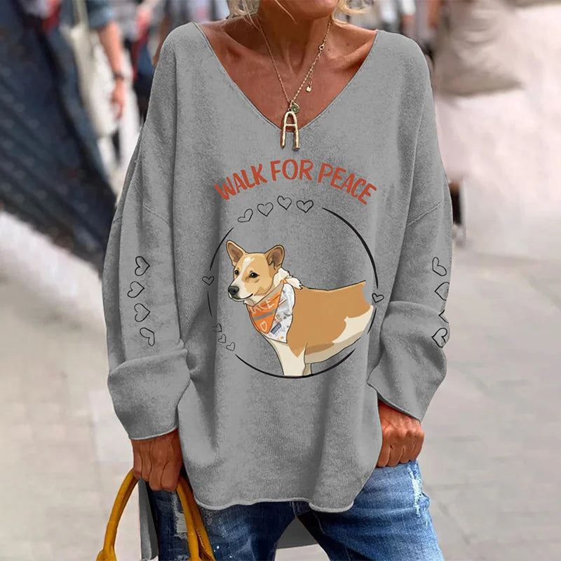 Cardydony Women's Retro Walk For Peace Aloka Dog Print V Neck Loose T-shirt