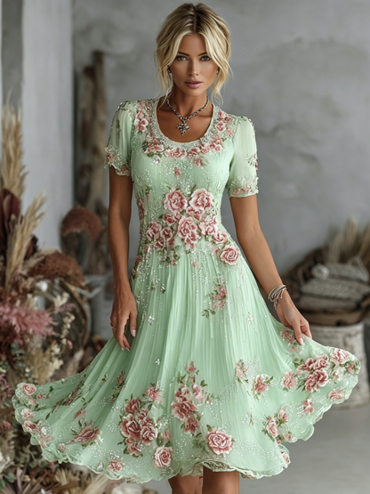 Cardydony Women's Vintage Floral Art Pattern Crew Neck Short Sleeve Linen Maxi Dress