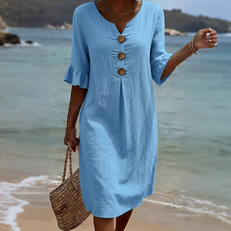 Cardydony Casual Solid-color Cotton V-neck Button Midi Dress