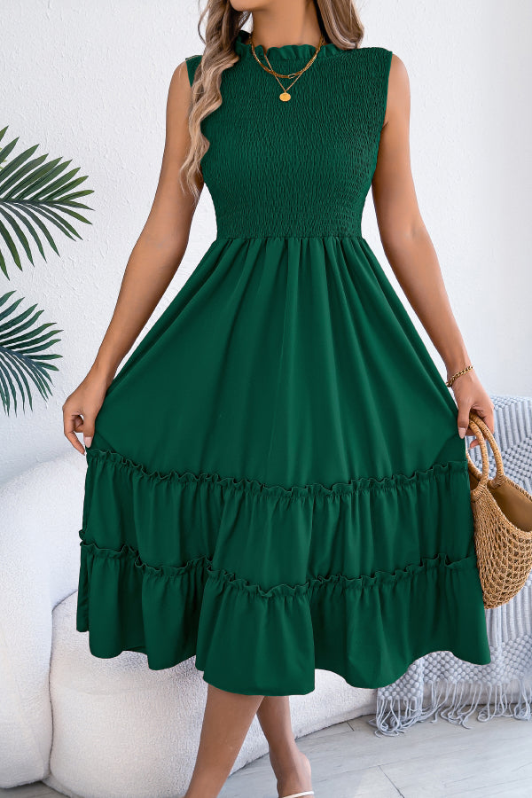 Cardydony Women's Solid Color Sleeveless Tucked Patchwork Casual Midi Dress