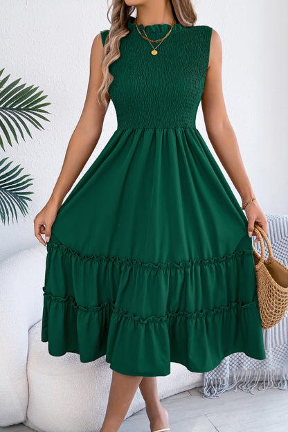 Cardydony Women's Solid Color Sleeveless Tucked Patchwork Casual Midi Dress