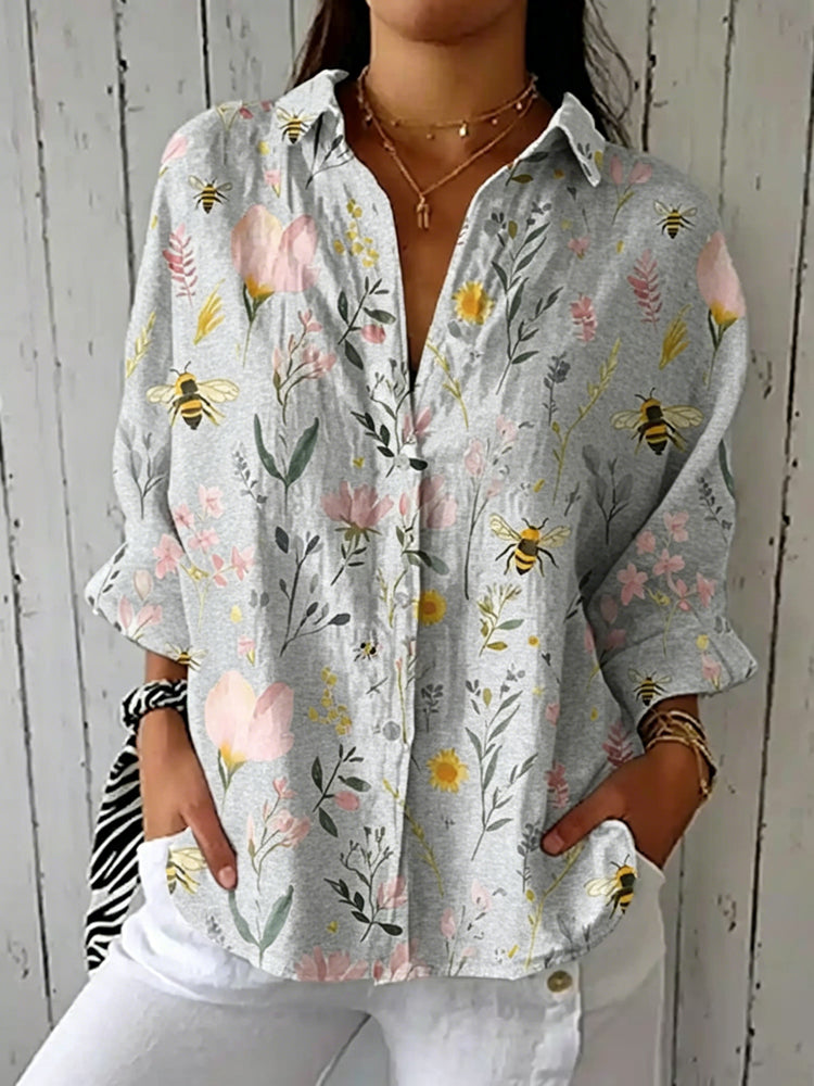 Cardydony Women's Vintage Bee Floral Art Print Casual Linen V-neck Shirt