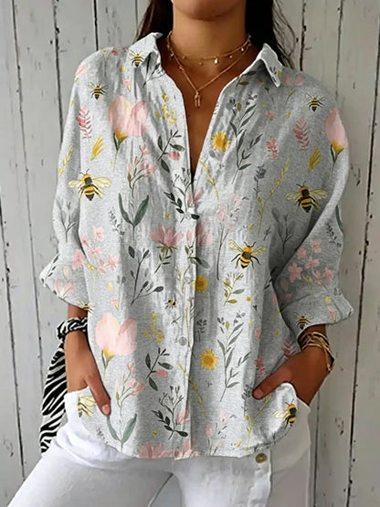 Cardydony Women's Vintage Bee Floral Art Print Casual Linen V-neck Shirt