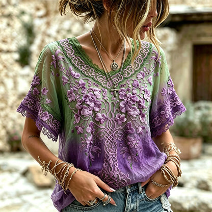 Cardydony Women's Retro Bohemian Viking Style V-neck Top With Tree Of Life And Floral Embroidery Print