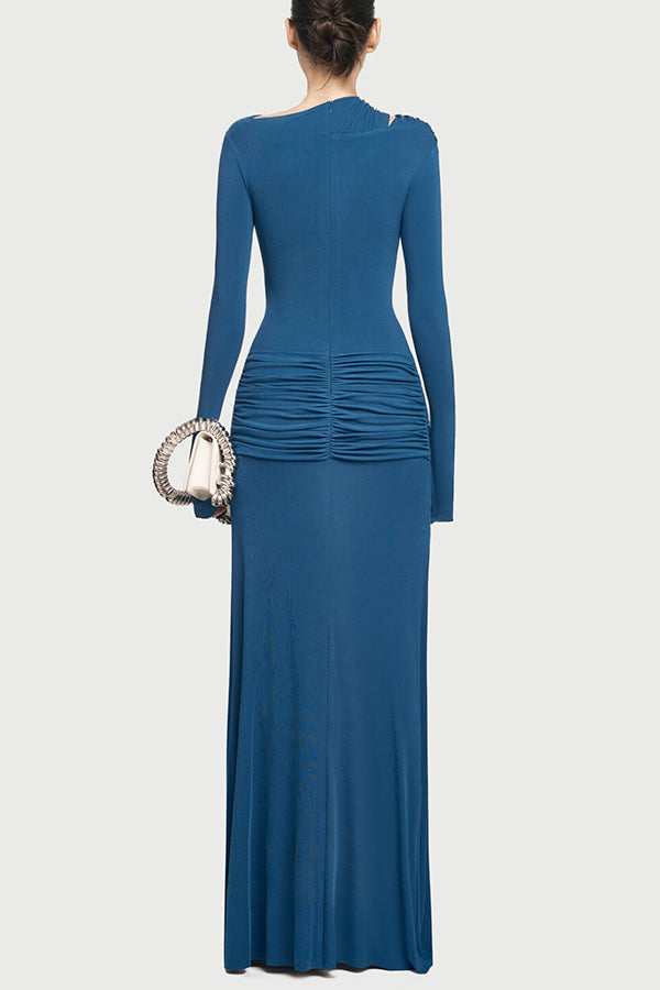 Cardydony Women's Stylish Long-sleeved Slim-fit Pleated Elegant Maxi Dress
