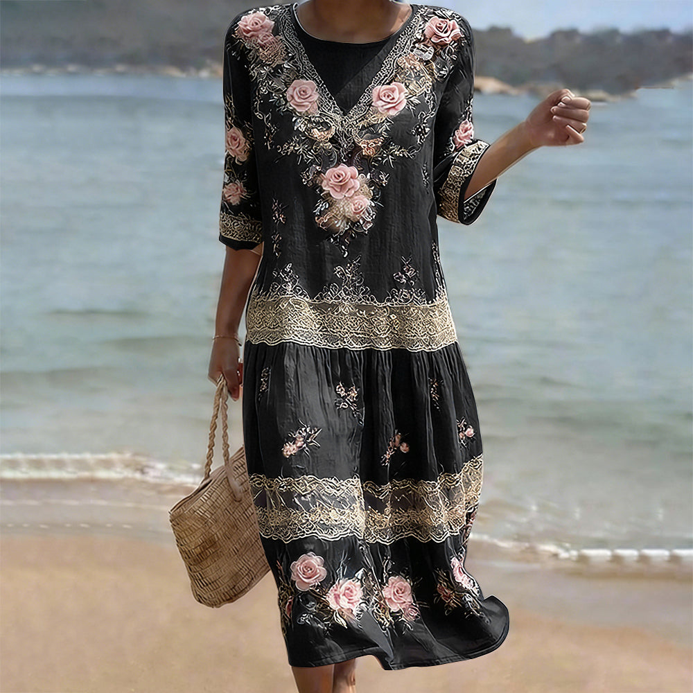 Cardydony Women's Vintage Pink Flower Embroidery Art Midi Dress