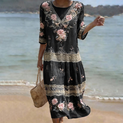 Cardydony Women's Vintage Pink Flower Embroidery Art Midi Dress