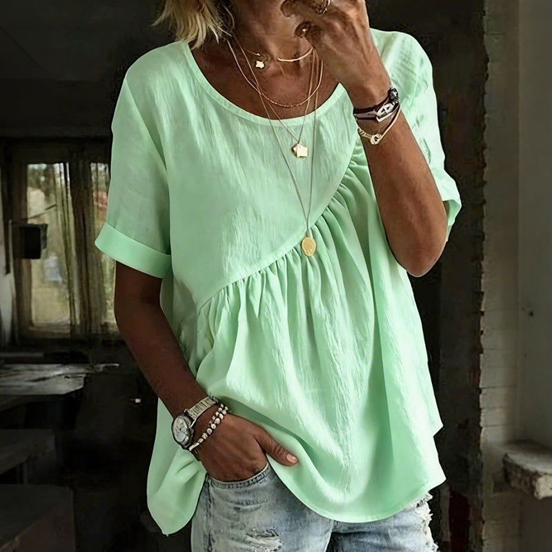 Cardydony Women's Vintage Irregular Pleated Design Short Sleeves Round Neck Linen T-shirt