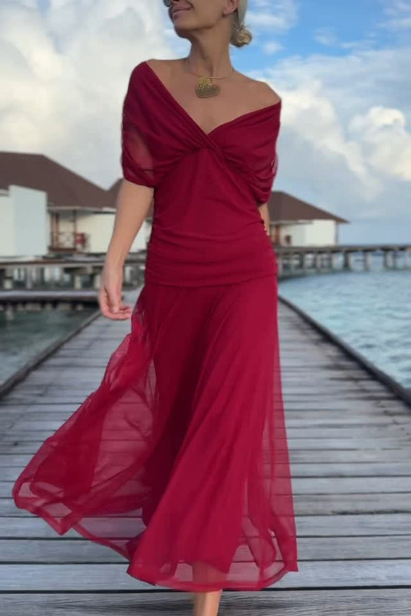 Cardydony Women's Unique Printed V-Neck Waisted Mesh Holiday Maxi Dress