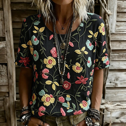 Cardydony Women's Vintage Floral Design Linen Casual T-shirt