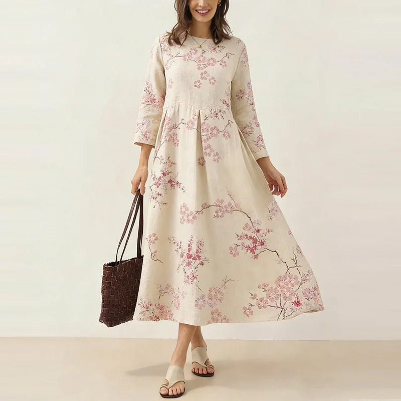 Cardydony Japanese Retro Cherry Blossom Print Art Comfy Maxi Dress
