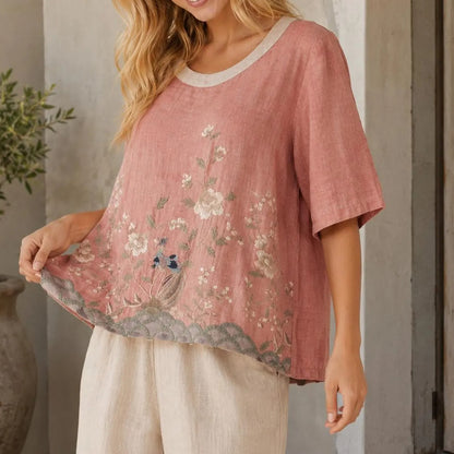 Cardydony Women's Summer Floral In Macarons Colorful Art Linen Blend Short Sleeve Tops