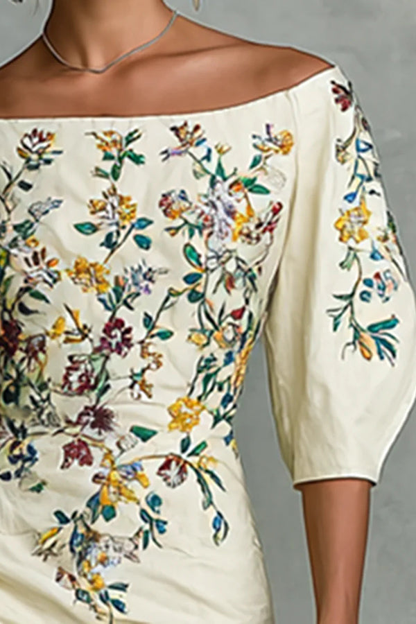 Cardydony Women's Floral Print Off-shoulder Puff Sleeve Fitted Midi Dress