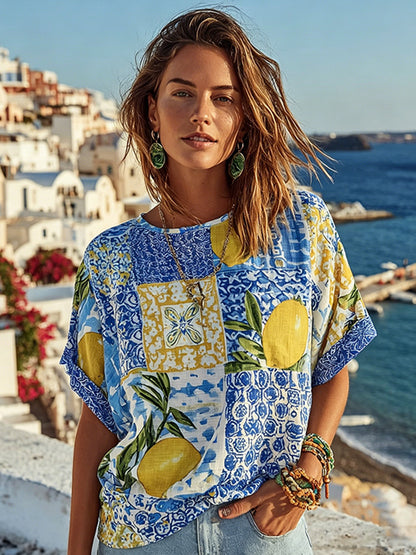 Cardydony Mediterranean Summer Sicilian Lemon Round Neck Cotton T-shirt