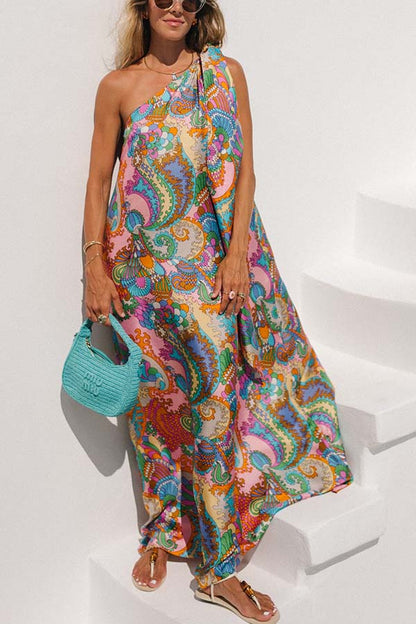 Cardydony Women's Rainbow Breeze Satin Unique Print Bow One Shoulder Loose Maxi Dress