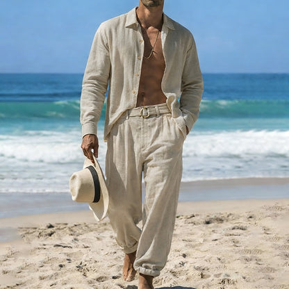 Cardydony Linen Simple Shirt And With Belt Trousers Vacation Set