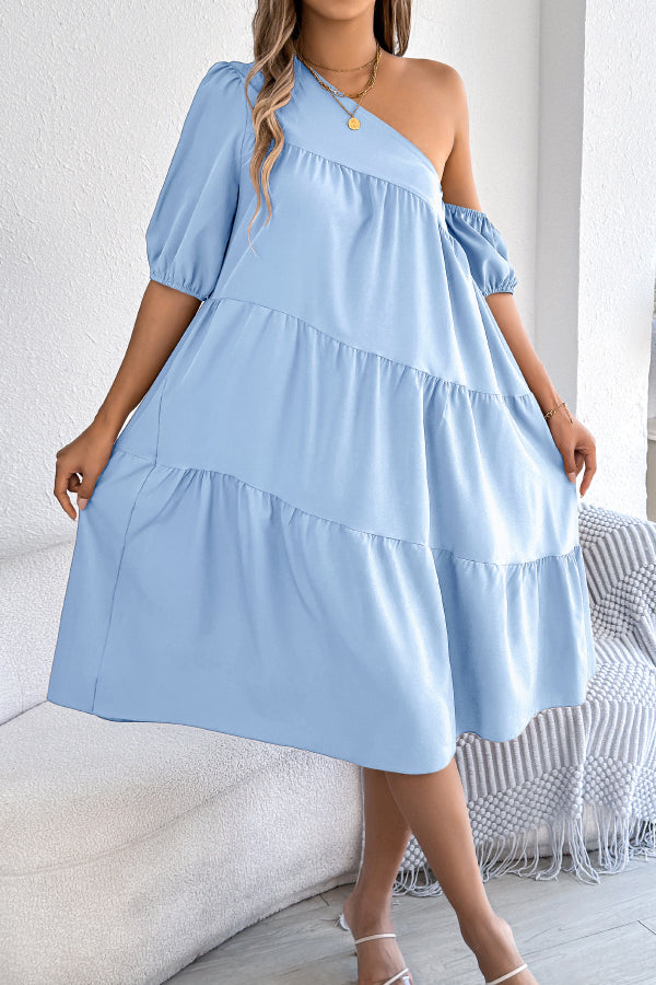 Cardydony Women's Solid Color Loose Slash Neck Short-sleeved Casual Midi Dress