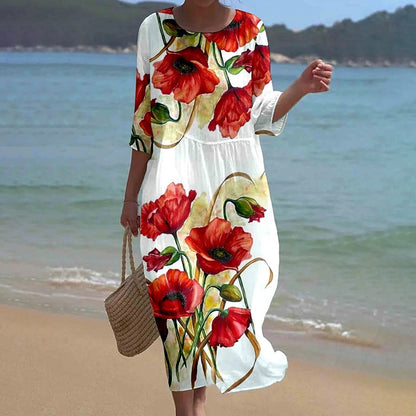Cardydony Vintage Floral Art Pattern Linen Blend Loose Three-quarter Sleeve Dress