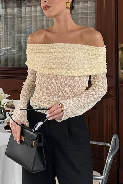 Cardydony Women's  Solid Color Off-shoulder Long-sleeved Elegant Slim-fit Lace Top