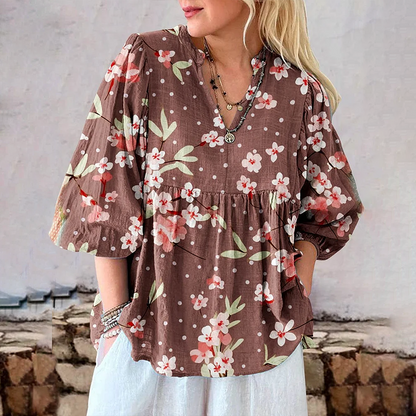 Cardydony Women's Retro Floral Art Print Cotton And Linen Casual Top