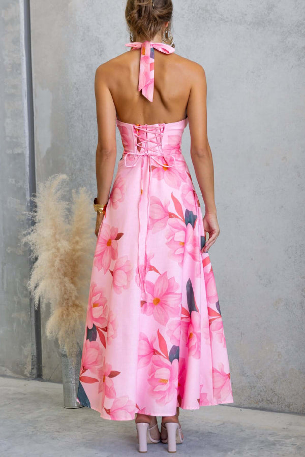 Cardydony Women's Floral Print V-neck Backless Tie-up Fitted Waist Elegant Maxi Dress