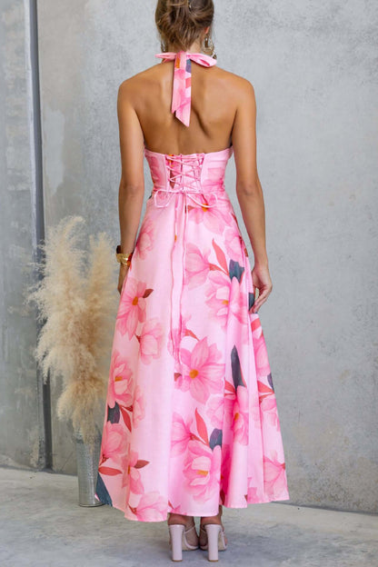 Cardydony Women's Floral Print V-neck Backless Tie-up Fitted Waist Elegant Maxi Dress
