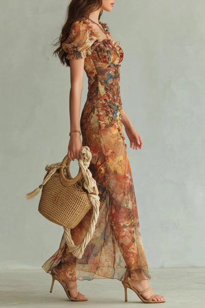 Cardydony Women's  Floral Print Short-sleeved Square Neck Ruffled Elegant Slit Maxi Dress