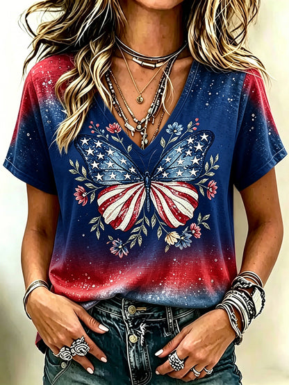 Cardydony Women's Vintage Independence Day Butterfly Printed V Neck Short Sleeve Casual Shirt