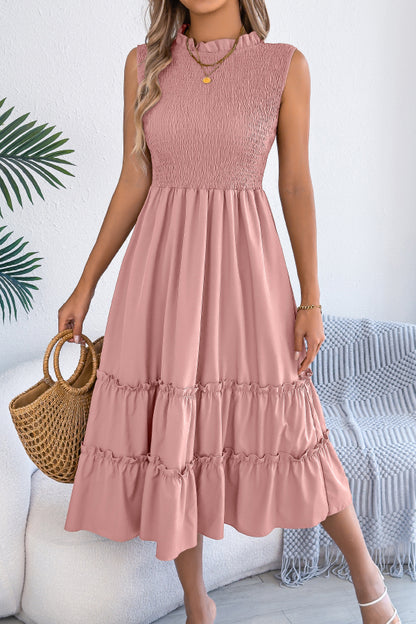 Cardydony Women's Solid Color Sleeveless Tucked Patchwork Casual Midi Dress