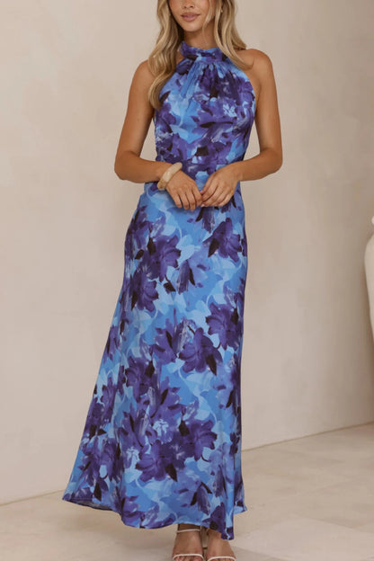 Cardydony Women's Floral Print Sleeveless Halter Neck Tie Holiday Maxi Dress
