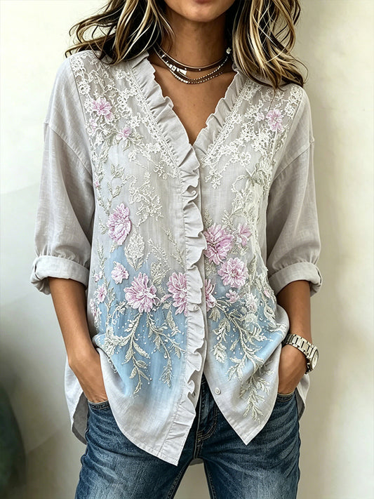 Cardydony Cottagecore Floral Embroidered Linen Ruffle V-neck Button-down Top