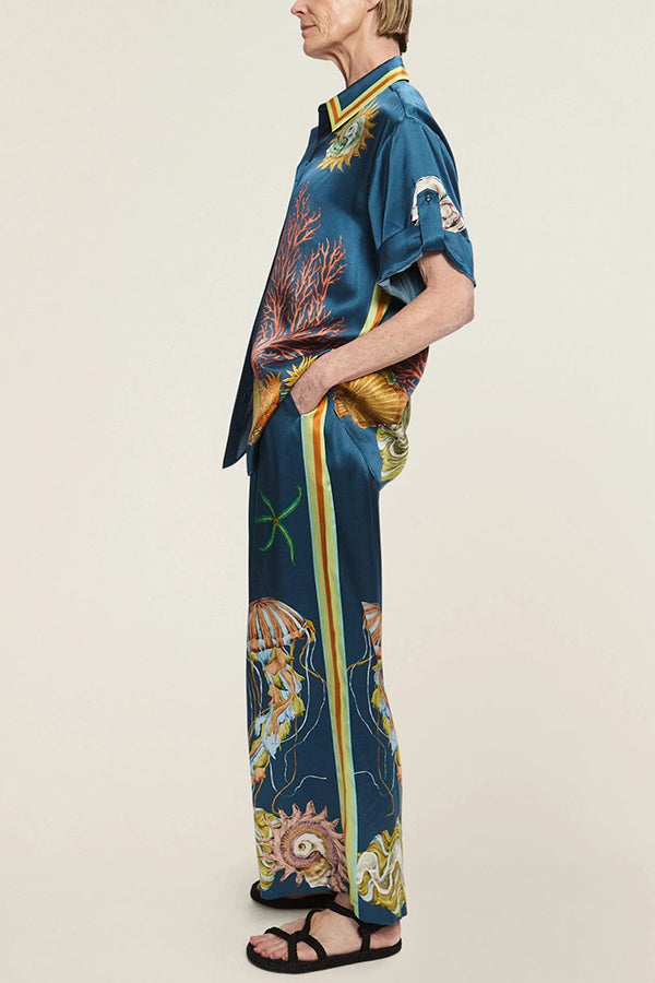 Cardydony Women's Linen Blend Unique Print Lapel Short Sleeve Shirt and Elastic Waist Loose Pocket Wide Leg Pants Set