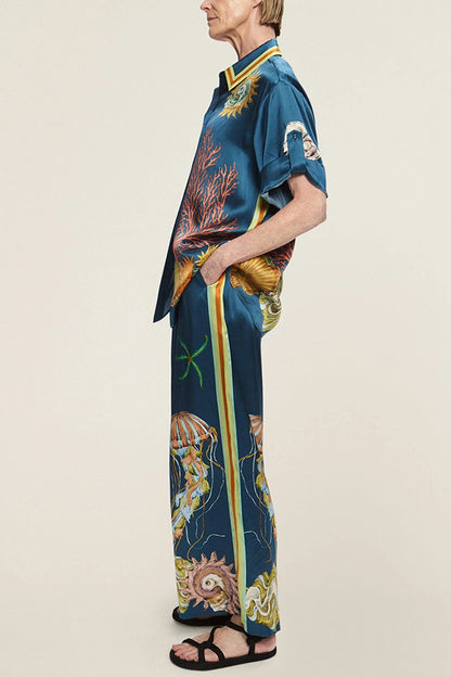 Cardydony Women's Linen Blend Unique Print Lapel Short Sleeve Shirt and Elastic Waist Loose Pocket Wide Leg Pants Set