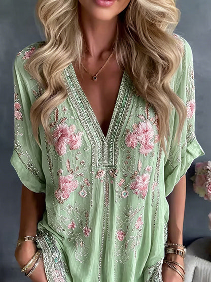 Cardydony Women's Retro Pink Floral Art Casual Linen Blend T-shirt