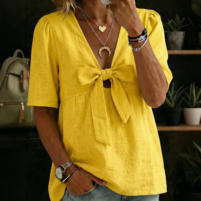 Cardydony Women's Vintage Bow Design Cotton Linen Shirt