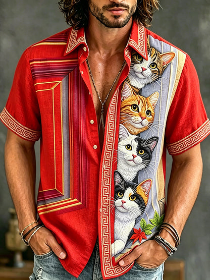 Cardydony Men's Cat Collection Cute Cats Behind The Red Door Inspired Art Flowy Linen Blend Shirt