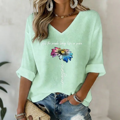 Cardydony Imagine All The People Living Life In Peace Cotton Linen Long-sleeve V-neck T-shirt