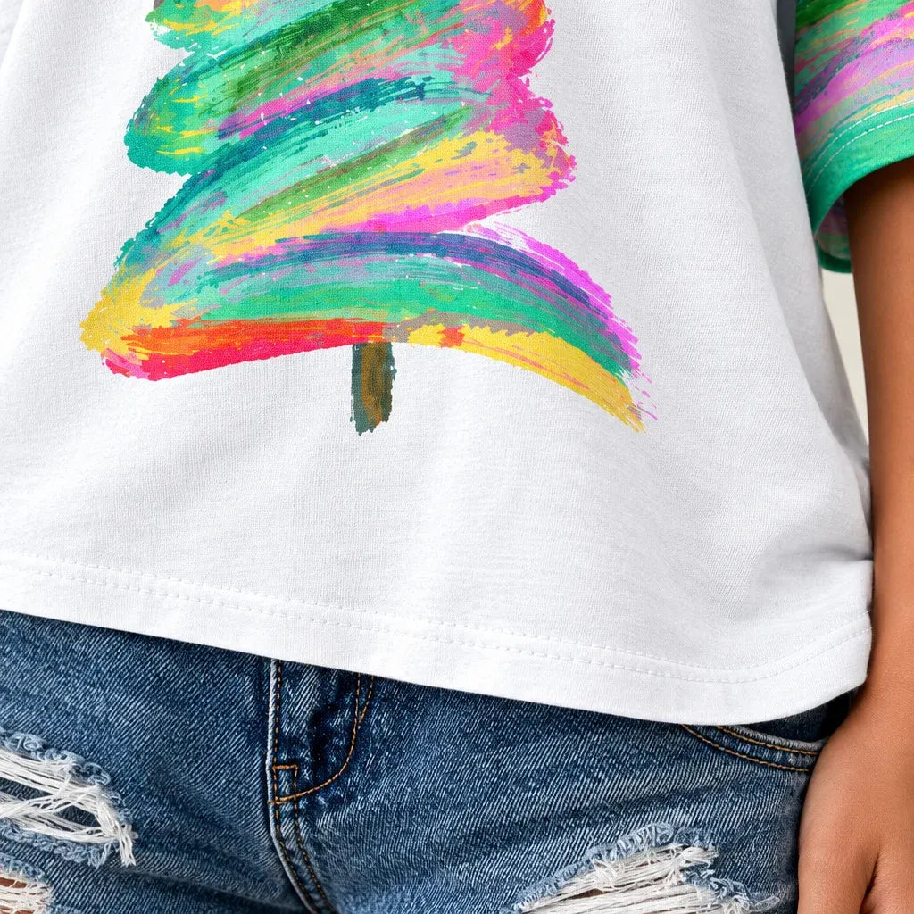 Cardydony Women's Festivel Christmas Tree With Rainbow Print Three-quarter Sleeve V Neck T-Shirt