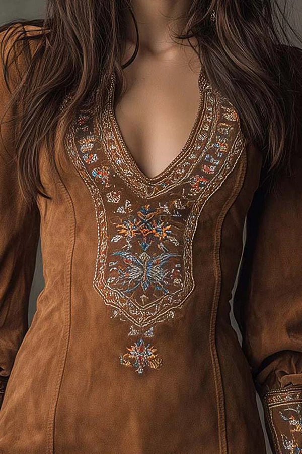 Cardydony Women's Fashionable Suede Embroidered V-neck Long-sleeved Slim-fit Mini Dress
