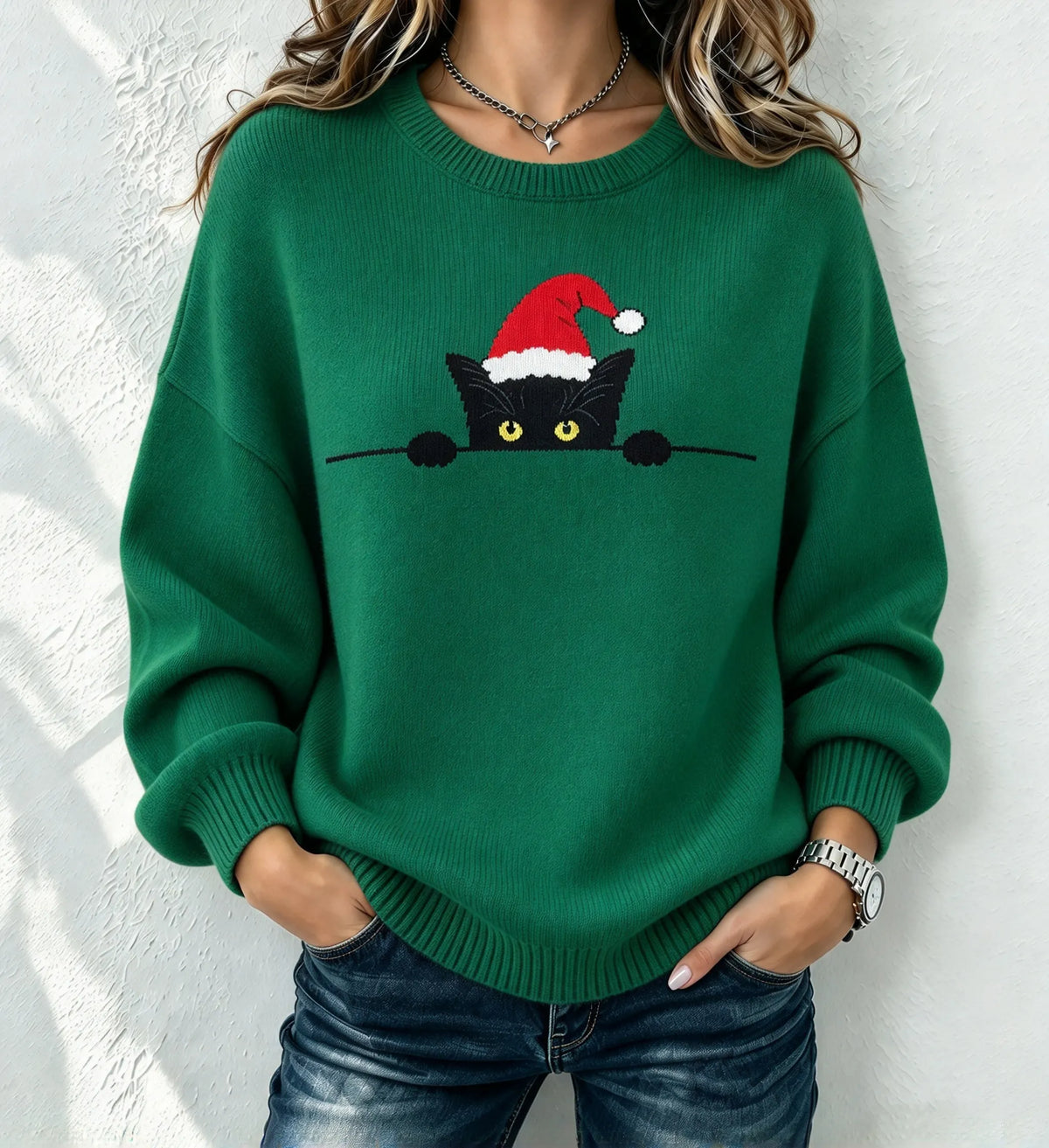 Cardydony Women's Vintage Christmas Cat Knit Sweater