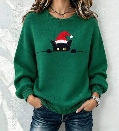 Cardydony Women's Vintage Christmas Cat Knit Sweater