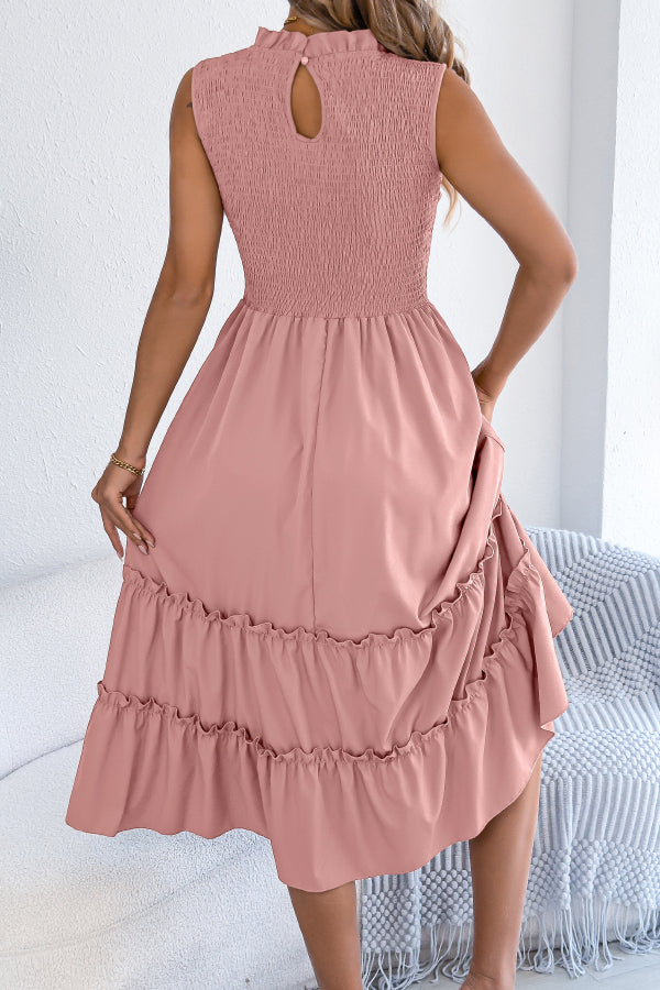 Cardydony Women's Solid Color Sleeveless Tucked Patchwork Casual Midi Dress