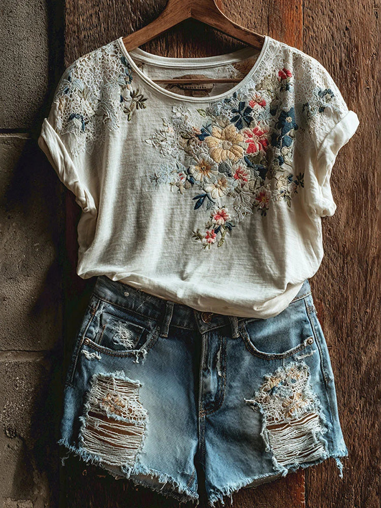 Cardydony Women's Vintage Floral Art Casual Short Sleeve T-shirt