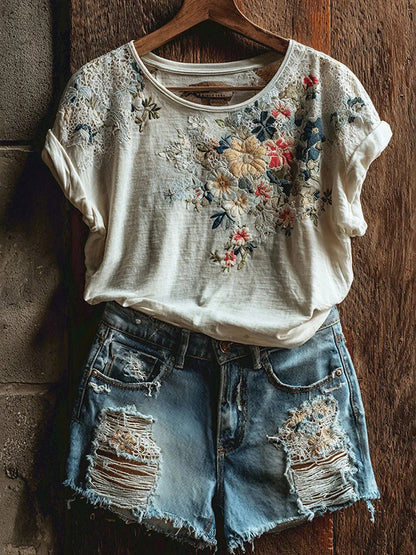 Cardydony Women's Vintage Floral Art Casual Short Sleeve T-shirt