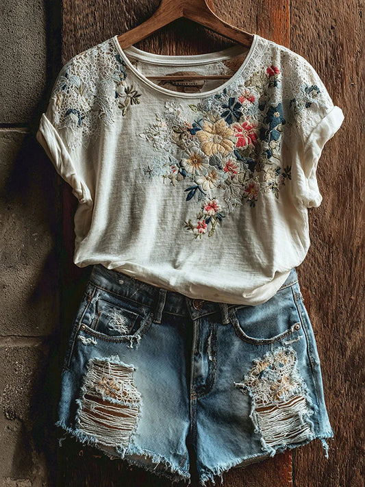 Cardydony Women's Vintage Floral Art Casual Short Sleeve T-shirt