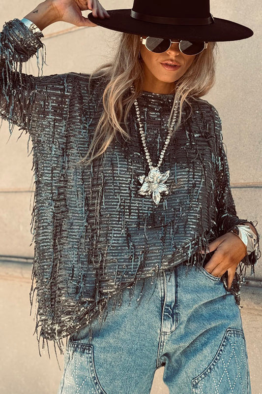 Cardydony Women's Party Crasher Sequin Tassle Fabric Long Sleeve Loose Top
